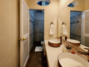 Hair dryer, towels, soap, toilet paper