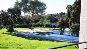 Ein gepflegter Garten mit Schwimmbad, umgeben von üppiger Vegetation und blauem Himmel.