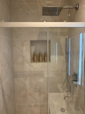 Douche, séchoir à cheveux, serviettes fournies, savon