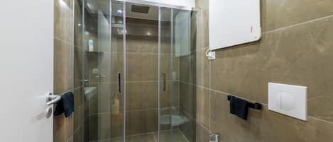 Shower, hair dryer, bidet, towels