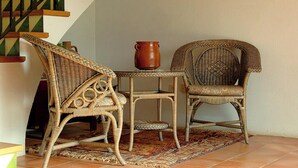 Wicker meubilair, waaronder een stoel en een tafel met een pot erop, geplaatst op een tapijt met een patroon in een kamer met betegelde vloer.