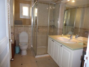A bathroom with a toilet, a glass-enclosed shower, and a sink with a mirror. - Maison Marius—pets allowed—1,600 m² fenced-in garden—heated pool (Le Buisson-de-Cadouin)