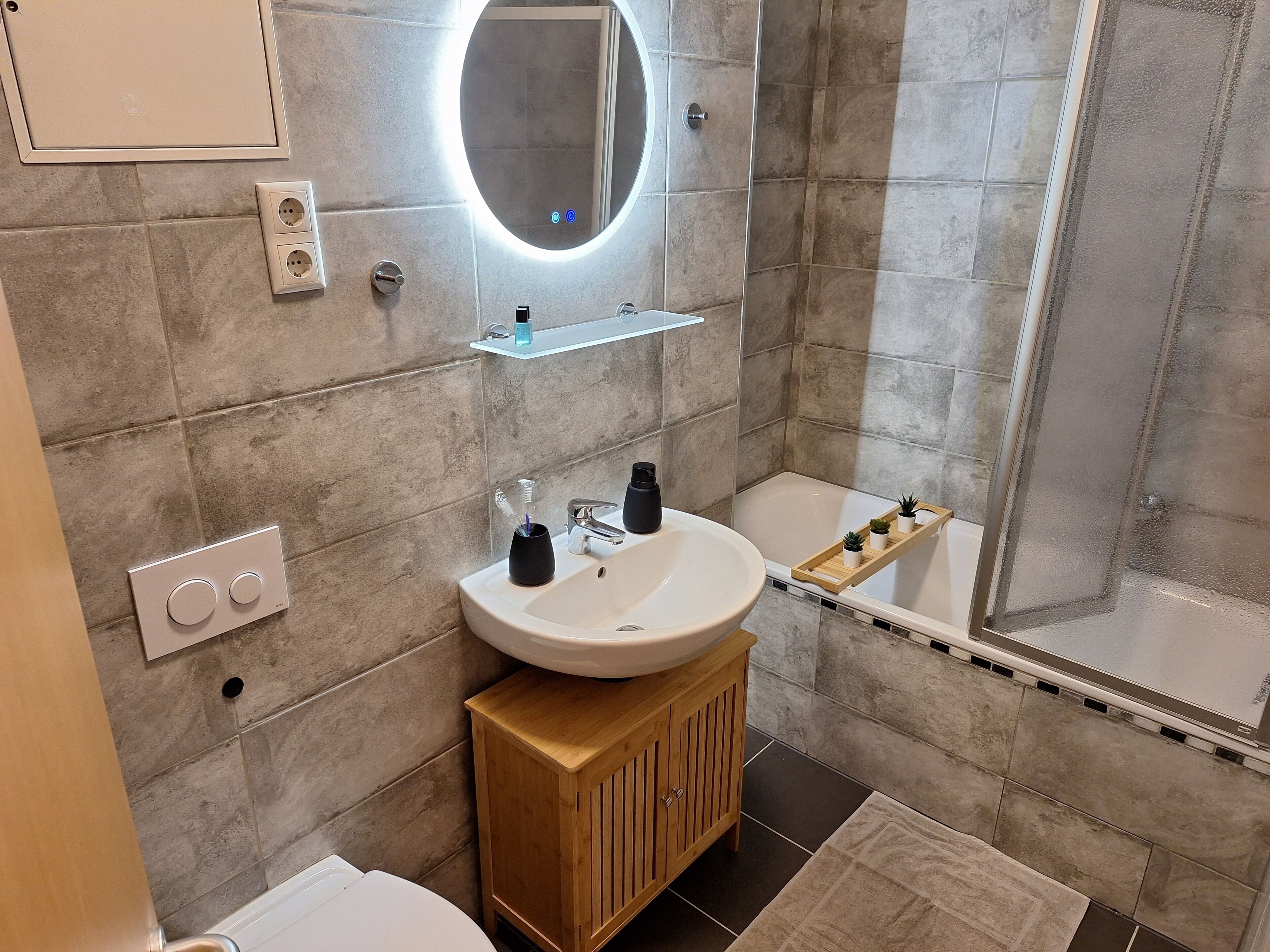 Hair dryer, towels, soap, toilet paper