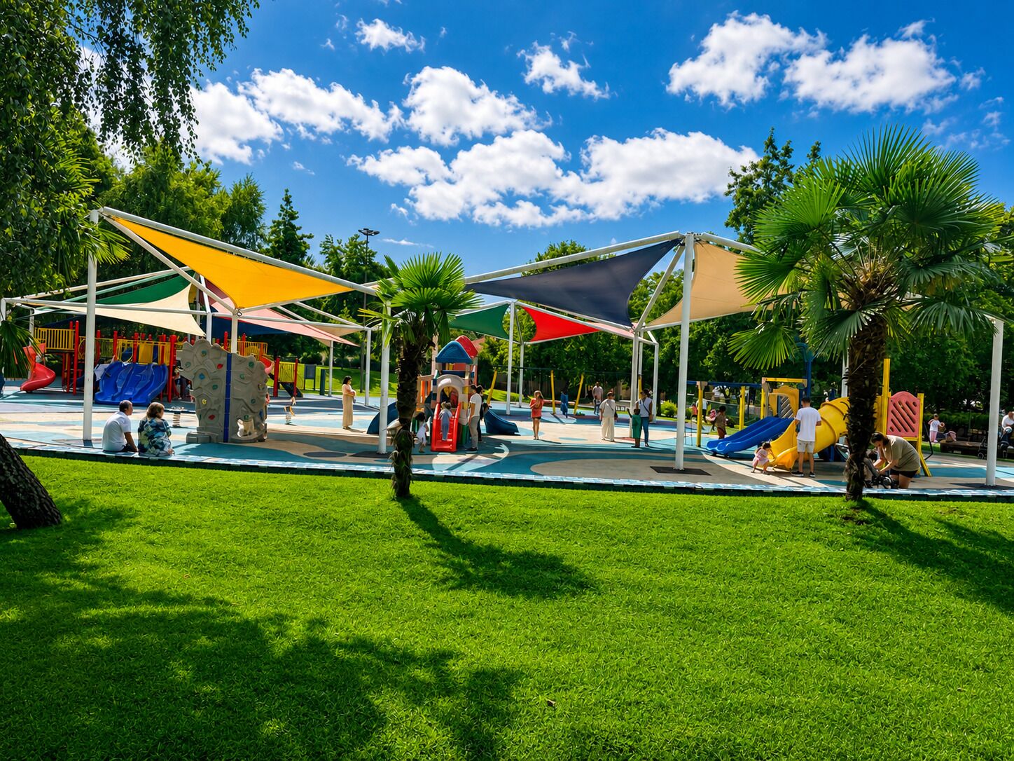 Un parque infantil con toboganes y estructuras para escalar, rodeado de árboles y cubierto por toldos coloridos.