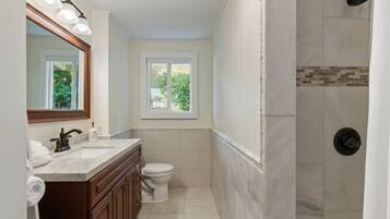 Shower, hair dryer, towels