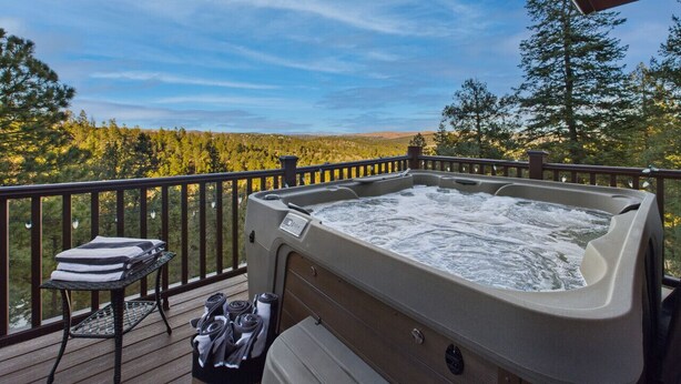 Outdoor spa tub - Salty Pines - Scenic Log Cabin w/ Hot Tub, Sierra Blanca Views & Pet-Friendly (Ruidoso)