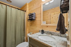 Shower, hair dryer, towels, soap - Peaceful 2-bedroom cabin with AC in charming Lake Lure (Lake Lure)