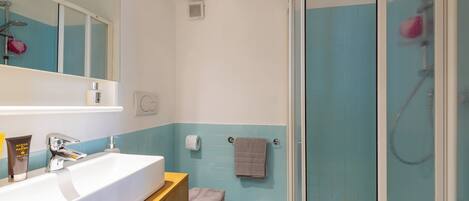 Shower, hair dryer, bidet, towels