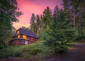 A two-story house with a dark roof, surrounded by dense forest and a winding road. - Family-Friendly Cabin Retreat w/ Private Hot Tub (Mason County)