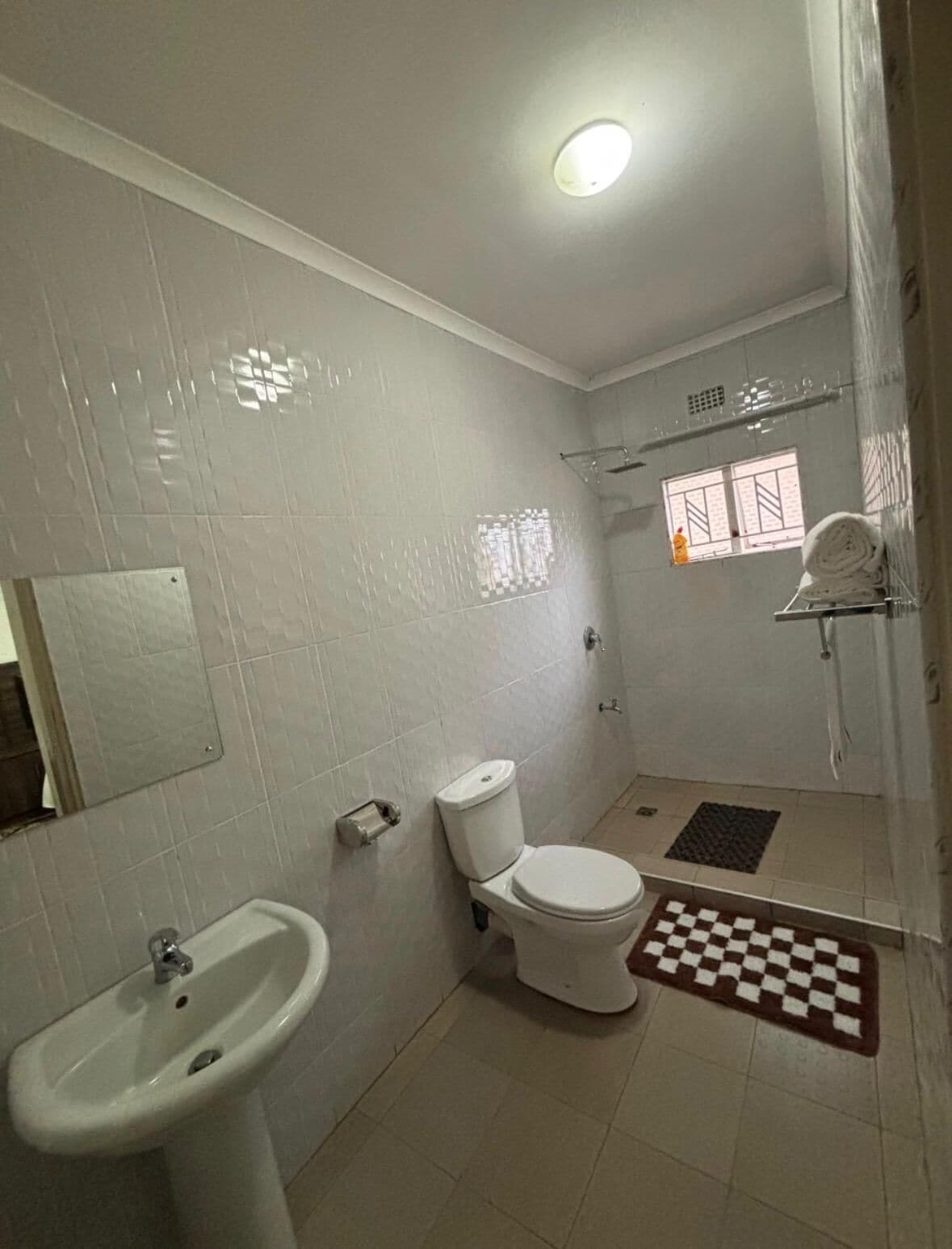 Shower, towels, soap, toilet paper