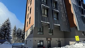 A multi-story building with a mix of brick and dark siding, a visible entrance, and a snow-covered ground. - Villa Mont Apartman Emma-3 min. od Ski staze (Republika Srpska)