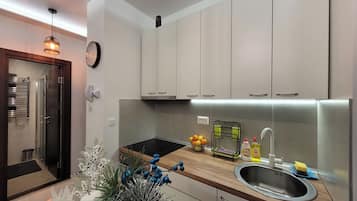 Fridge, stovetop, cookware/dishes/utensils