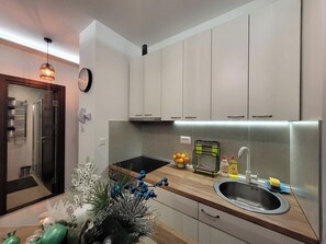 Fridge, stovetop, cookware/dishes/utensils
