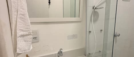Hair dryer, towels, toilet paper