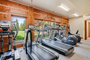 Ett gym med löpband, crosstrainers och en motionscykel, stora fönster och träväggar.
