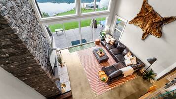 Smart TV, fireplace, video games, DVD player