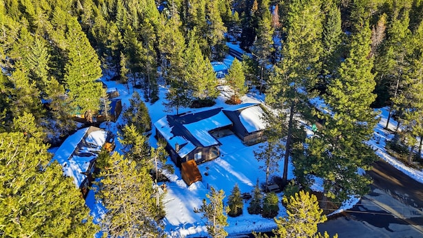 An aerial view of a cabin surrounded by dense forest and snow-covered ground. - Beach Access + Hot Tub | Near Tamarack & McCall (Donnelly)