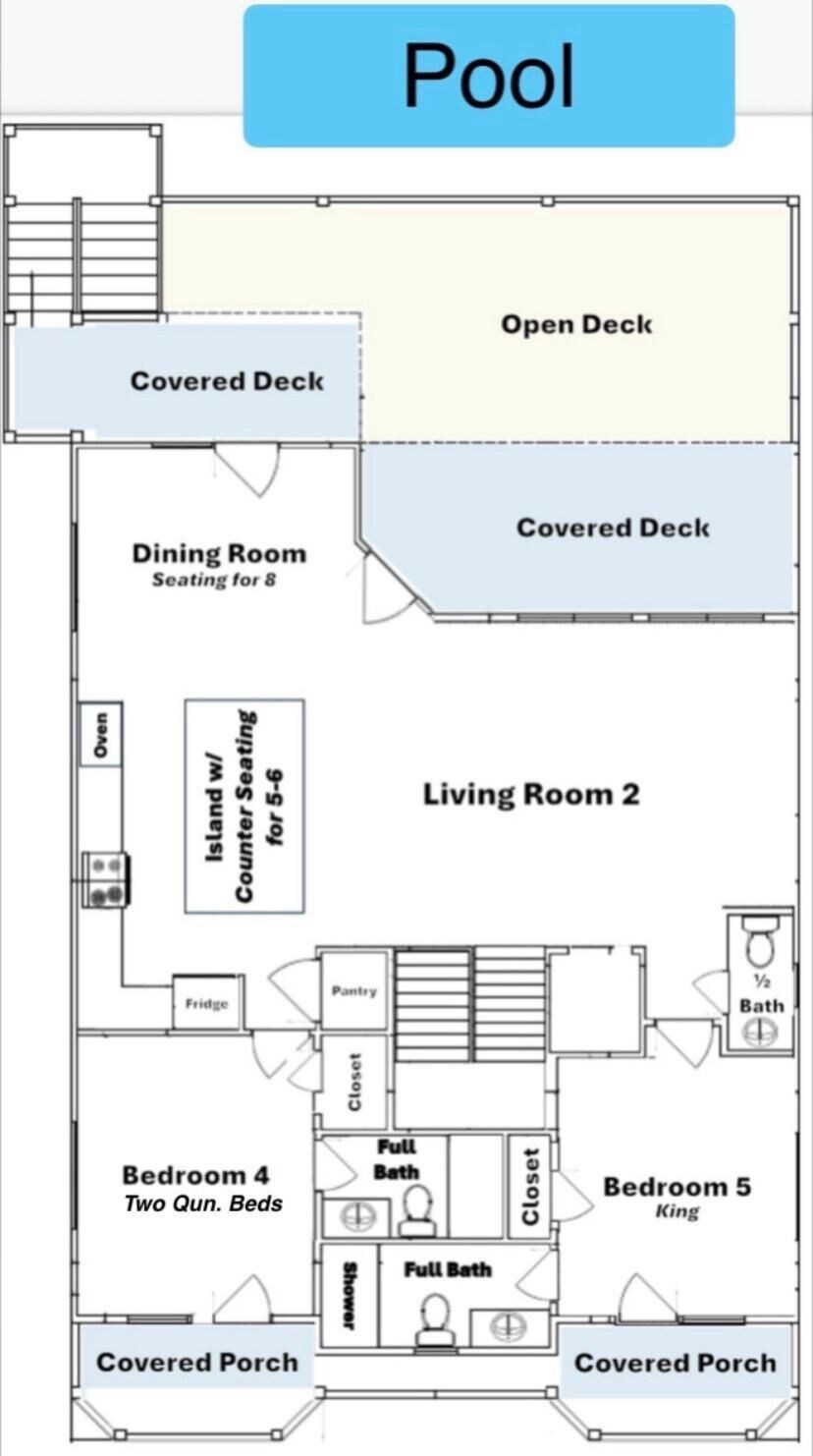 A pool with adjacent covered decks, a dining room with seating for 8, two living rooms, two bedrooms, a full bath, a half bath, a covered porch, and an oven.