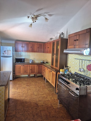 A kitchen with wooden cabinets, a refrigerator, a stove, and patterned tiles. - Anna's house, traditional and comfortable, for those who love animals and cats (Aglientu)