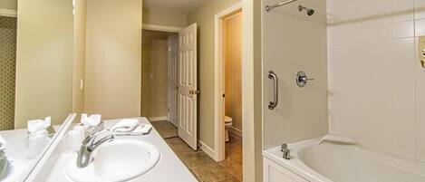 Jetted tub, hair dryer, towels, soap