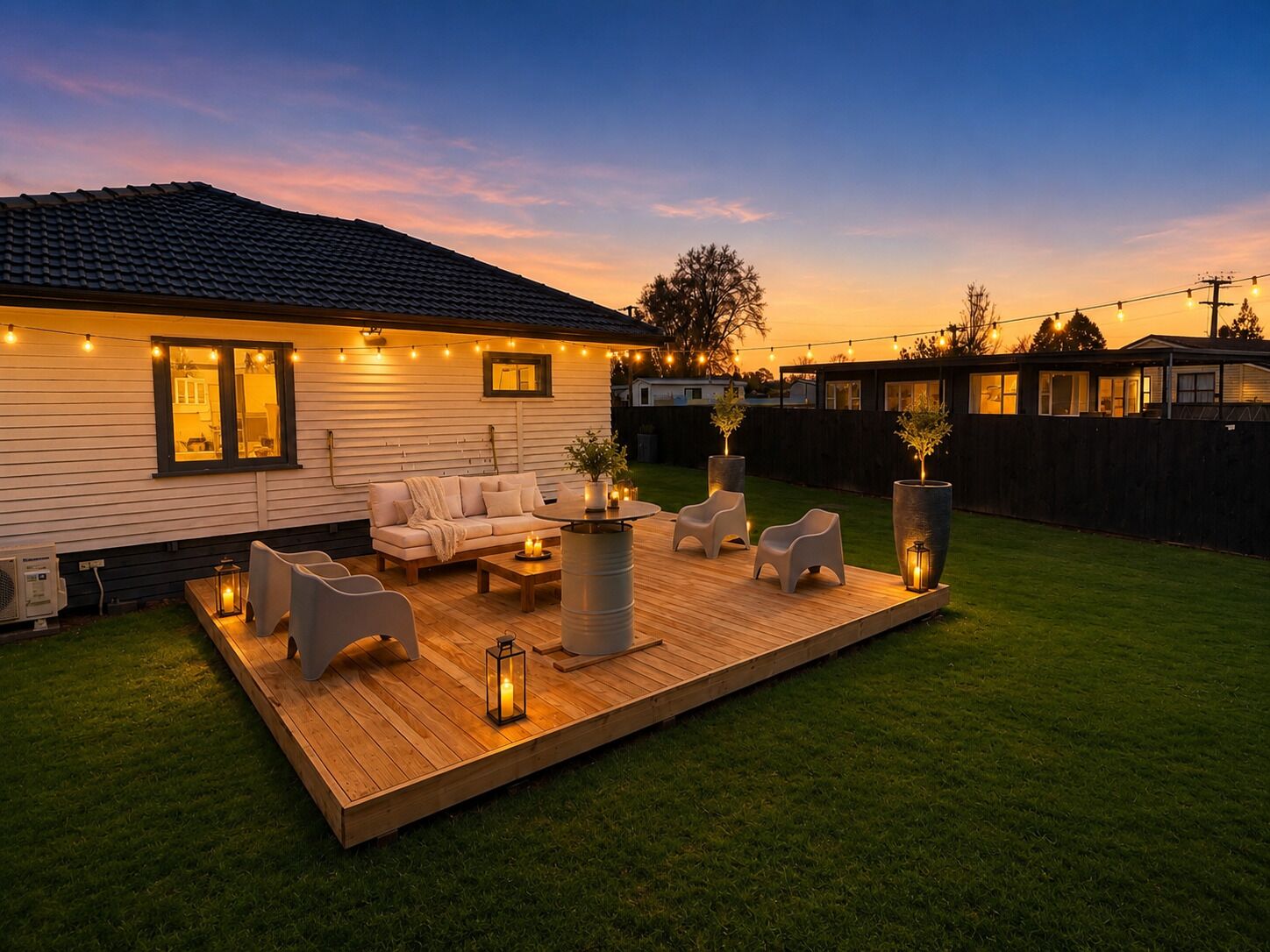 A deck with outdoor furniture and string lights, surrounded by a grassy yard and a house.