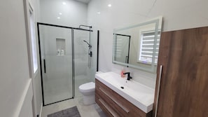 A modern bathroom with a glass-enclosed shower, a toilet, a vanity with a mirror, and a wooden cabinet.