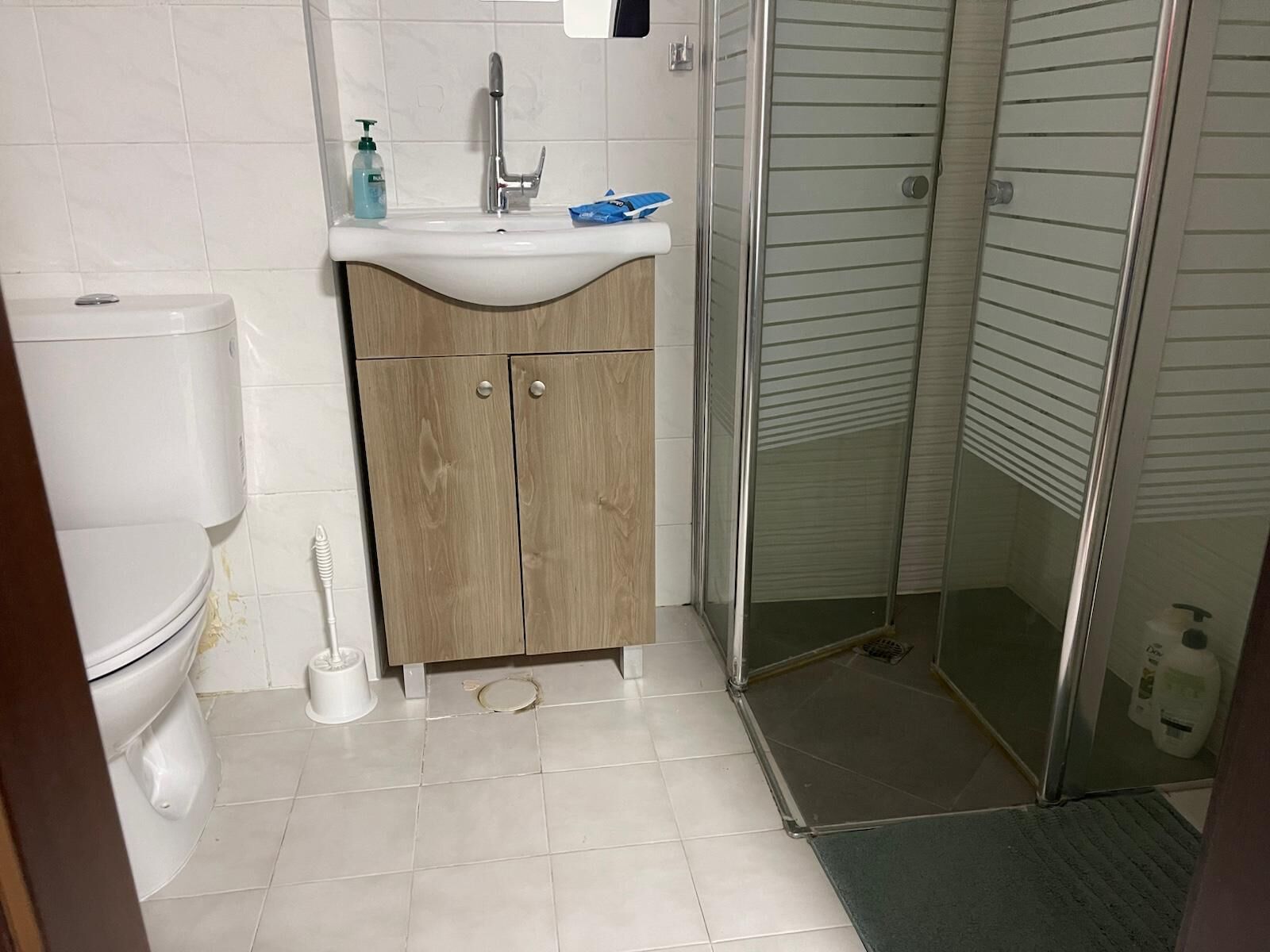 Une petite salle de bain comprenant des toilettes, un lavabo et une cabine de douche.