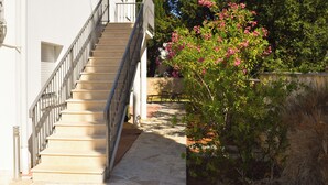 Un escalier menant à un bâtiment doté d’une rambarde en métal, d’un chemin de pierre et d’un arbuste en fleurs.