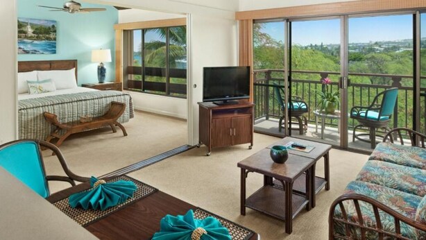 Habitación de hotel con cama, televisión, balcón con sillas y vista a zonas verdes.