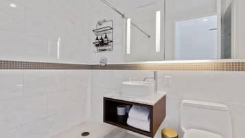Hair dryer, towels, soap, toilet paper