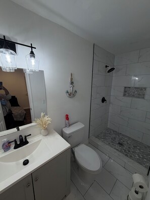 Hair dryer, towels, soap, toilet paper