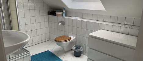 Secadora de cabello, toallas, jabón, papel de baño