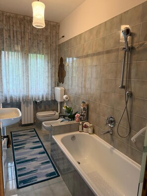 Hair dryer, bidet, towels, soap