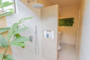 Een douche, een haardroger, handdoeken, zeep