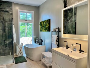 Shower, hair dryer, towels, soap