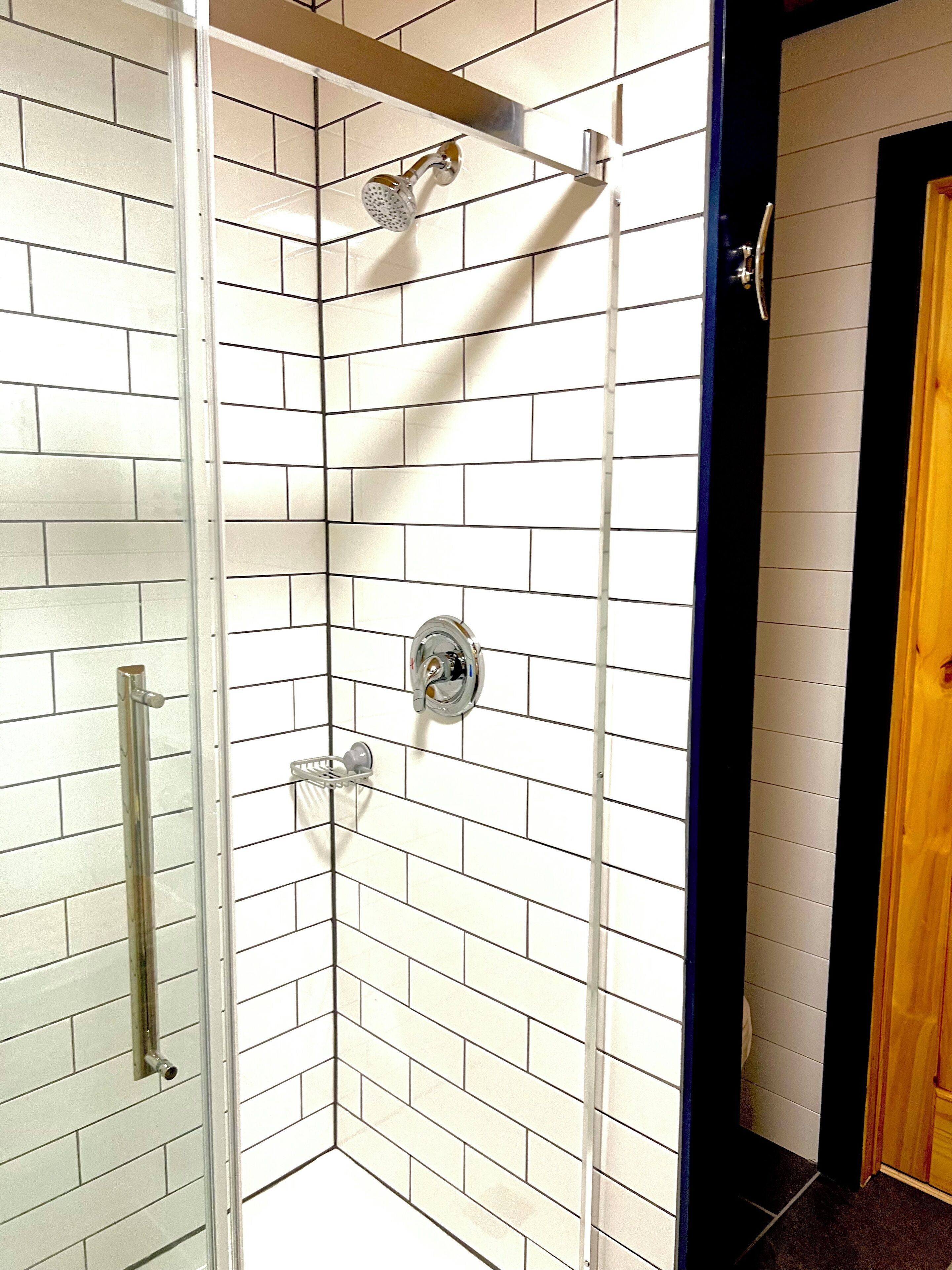 Shower, hair dryer, towels, toilet paper