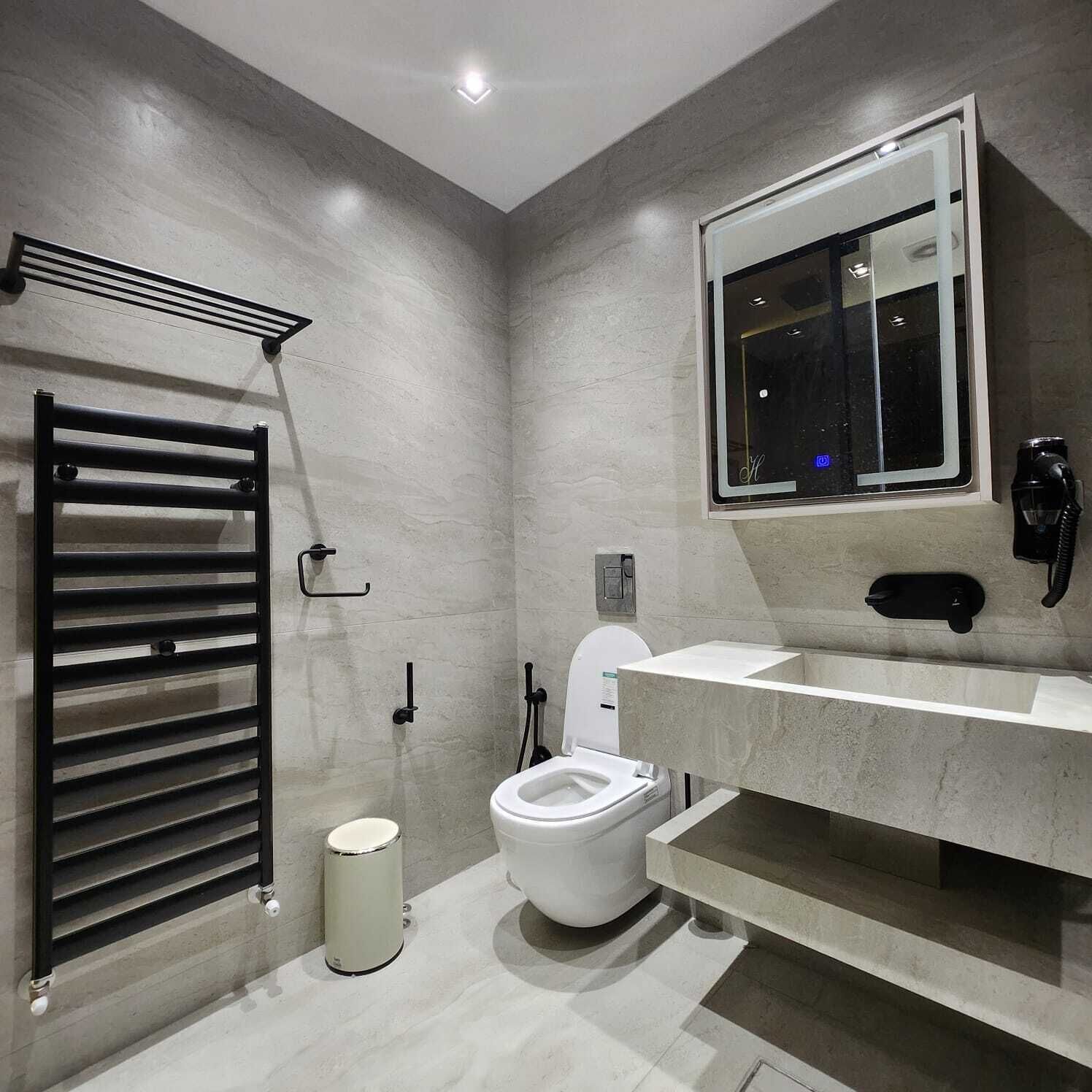 Shower, hair dryer, bidet, towels