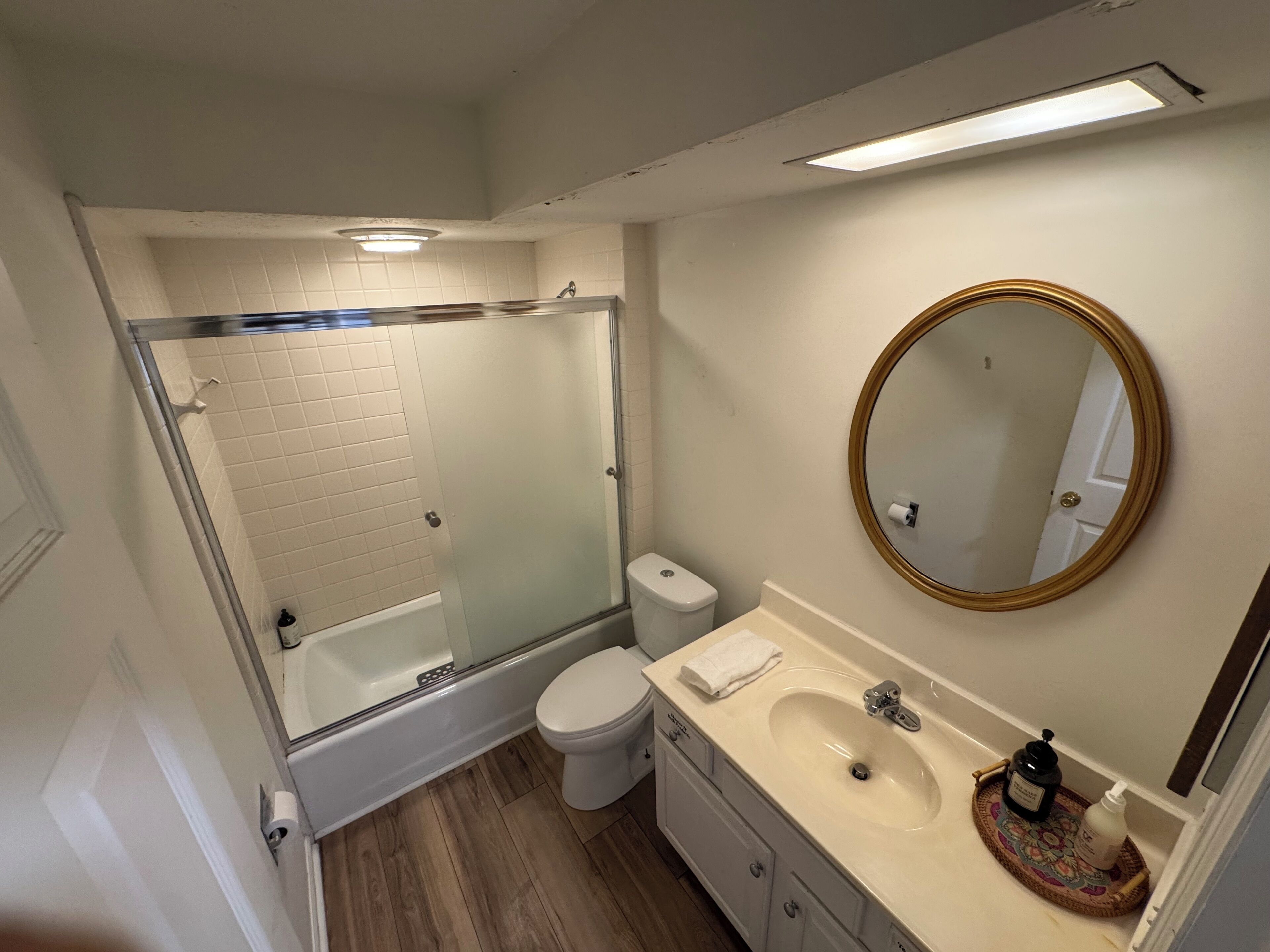 Hair dryer, towels, soap, toilet paper