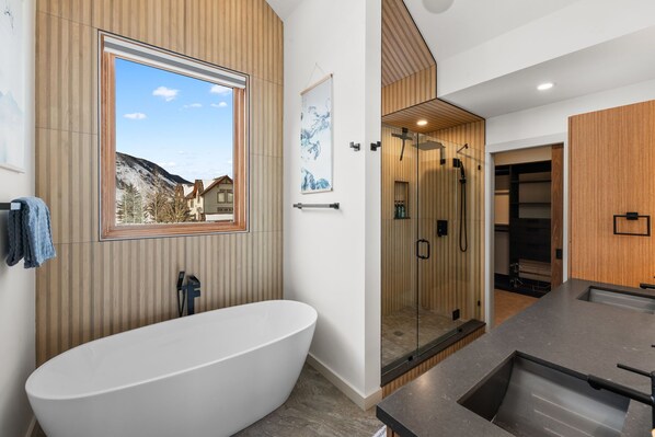 Shower, hair dryer, bidet, towels
