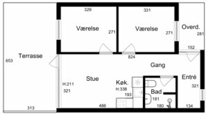 A hotel layout with rooms numbered 329, 331, 271, and 281, a terrace, a gangway, and a bathroom labeled 'Bad'. - Apartment near the sea with calm and life (Pandrup)