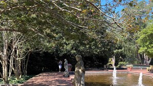 Un jardin agrémenté d’une statue, d’une fontaine et d’un chemin en briques.
