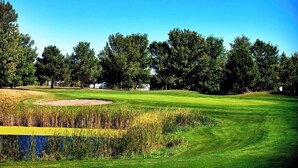 Un parcours de golf doté d’un étang, de bunkers de sable et d’une végétation arborée dense.