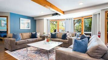 Smart TV, fireplace, video games, table football