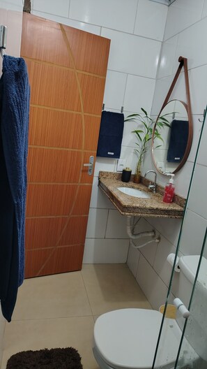 Hair dryer, towels, soap, toilet paper