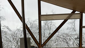 Interior acogedor de una cabaña con estufa de leña, zona de estar y grandes ventanales con vistas a un bosque nevado.