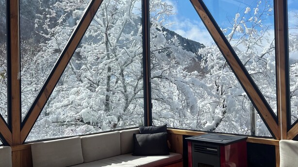 Interior acogedor de una cabaña con un amplio ventanal que ofrece vistas de árboles y montañas cubiertas de nieve.