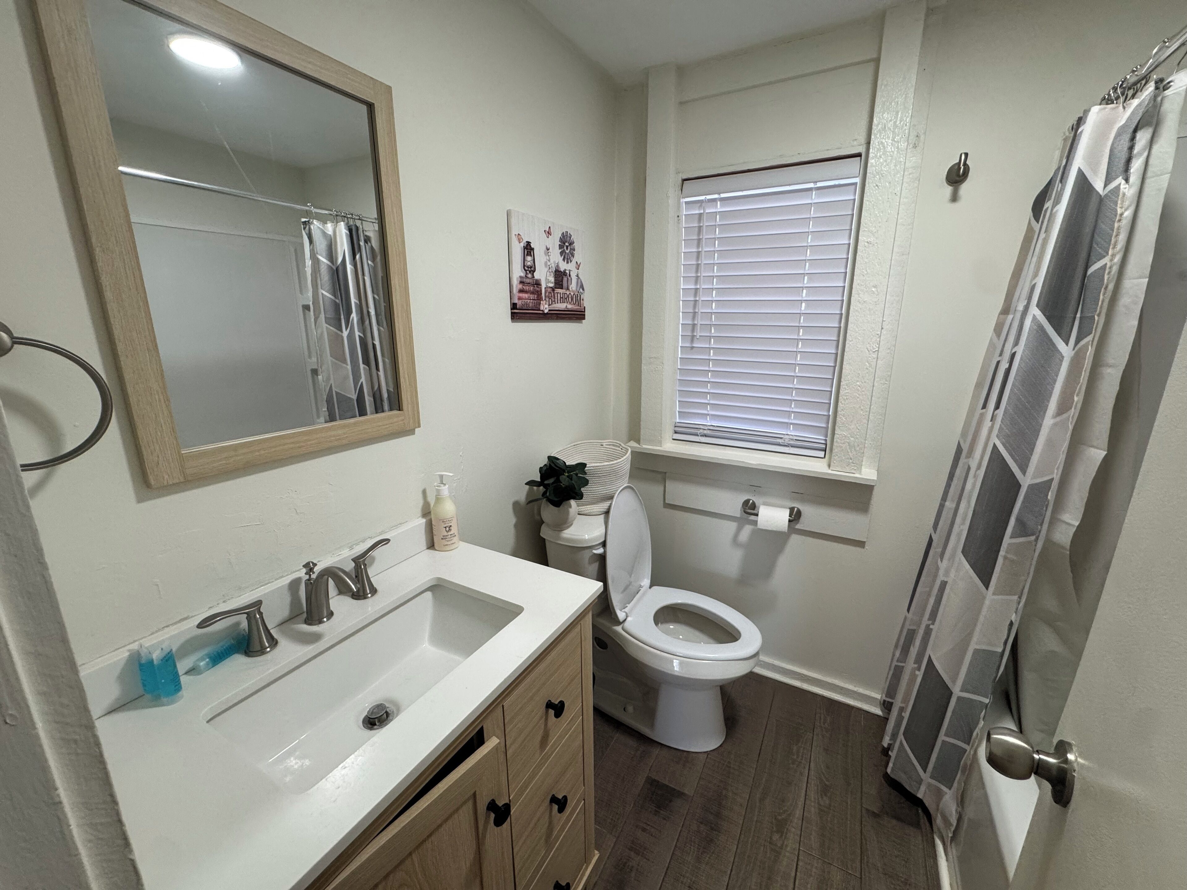 Een haardroger, handdoeken, zeep, toiletpapier