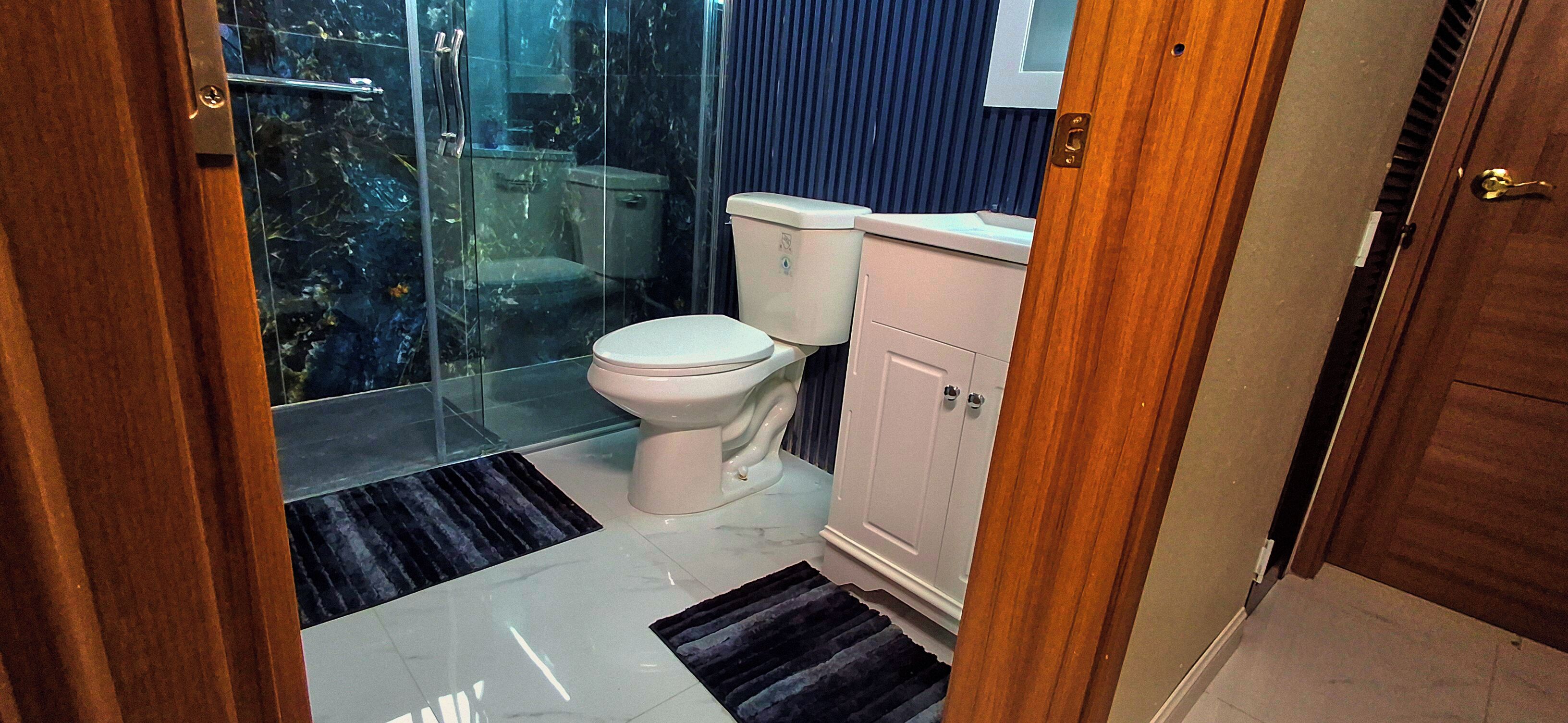 Shower, towels, soap, toilet paper