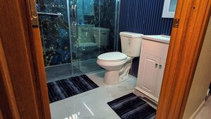 A bathroom with a toilet, a cabinet, and a glass shower enclosure. - Cozy & Secure 2BR Old Harbour Retreat: All the Comforts of Your Own Home (St.Catherine)