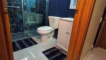 Shower, towels, soap, toilet paper